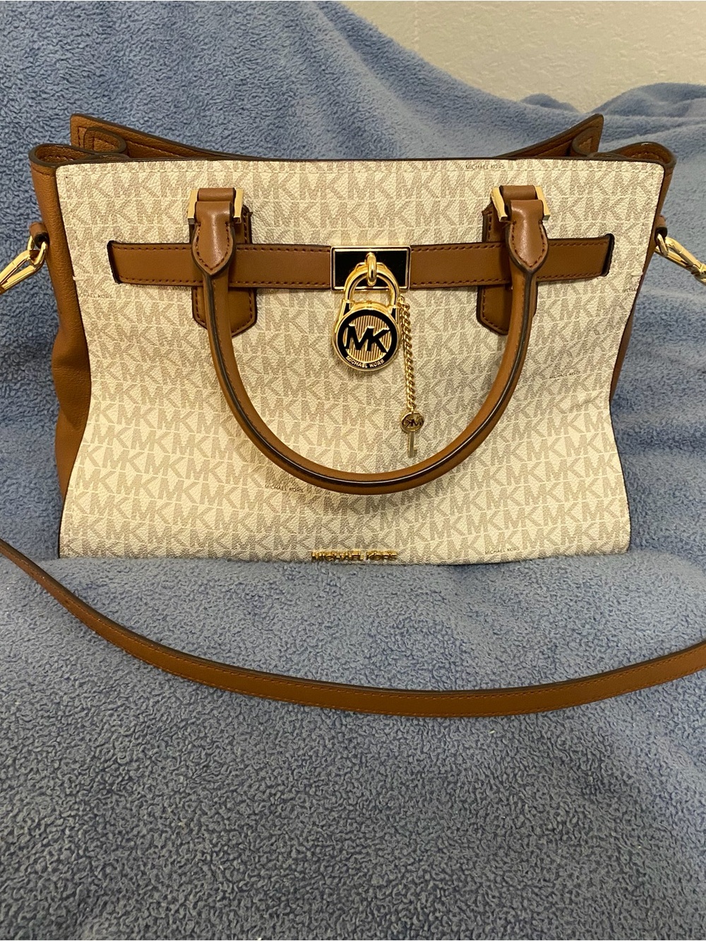 Michael Kors Cream & Brown Signature Satchel with Gold Hardware